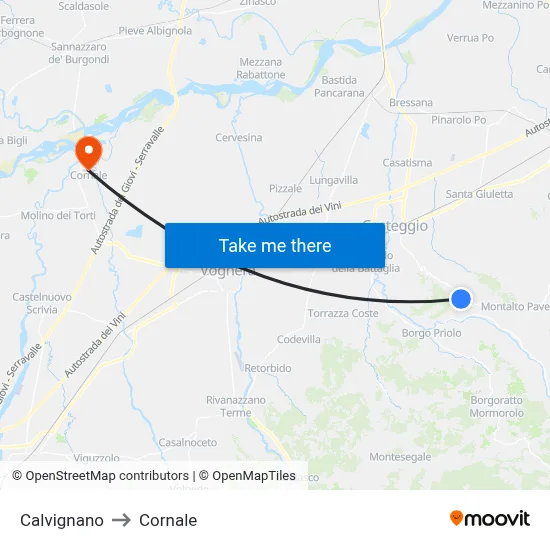 Calvignano to Cornale map