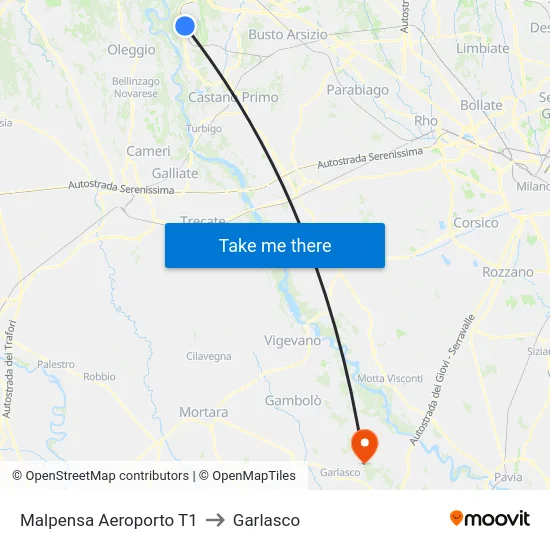 Malpensa Aeroporto T1 to Garlasco map