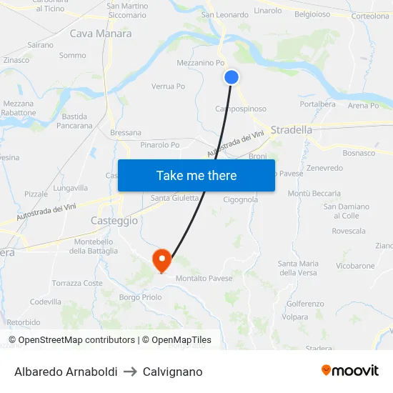 Albaredo Arnaboldi to Calvignano map