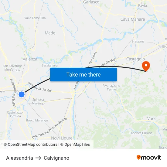 Alessandria to Calvignano map