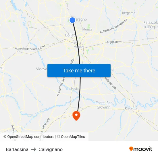Barlassina to Calvignano map