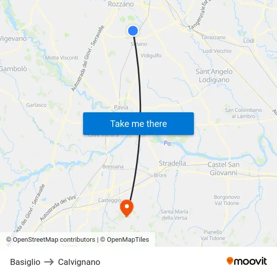 Basiglio to Calvignano map