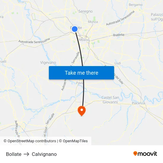 Bollate to Calvignano map