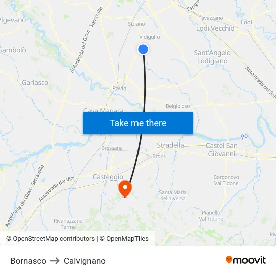 Bornasco to Calvignano map