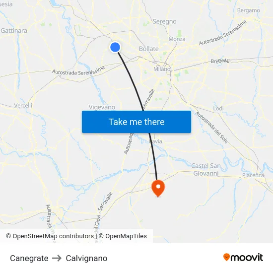 Canegrate to Calvignano map