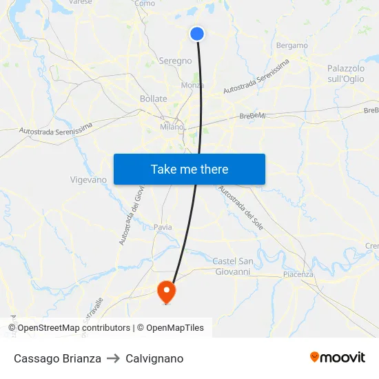 Cassago Brianza to Calvignano map