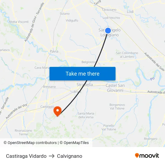 Castiraga Vidardo to Calvignano map