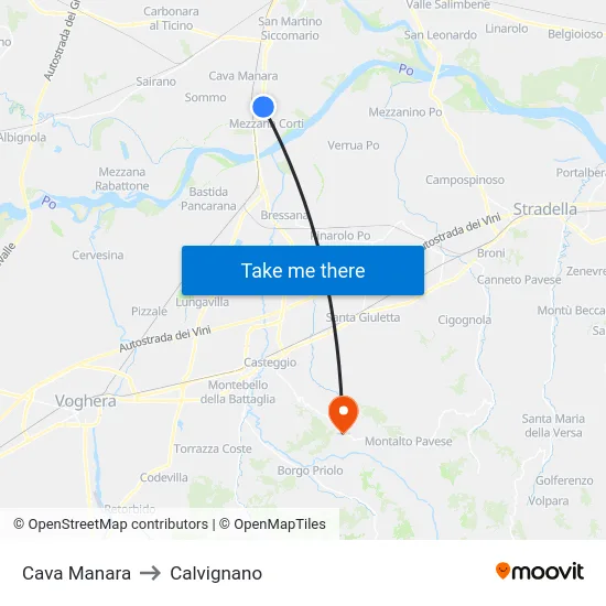 Cava Manara to Calvignano map