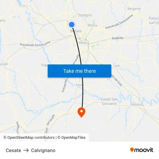 Cesate to Calvignano map