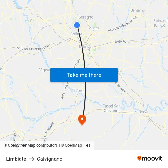 Limbiate to Calvignano map