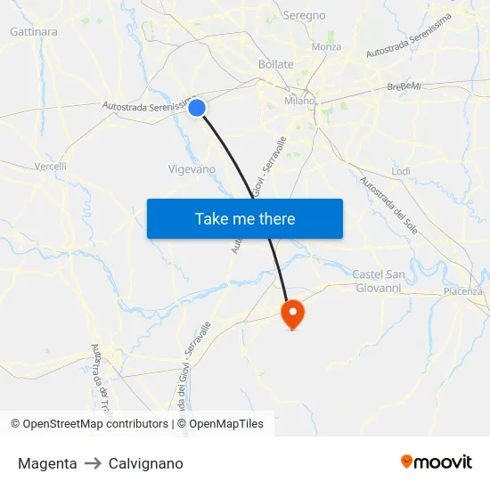Magenta to Calvignano map