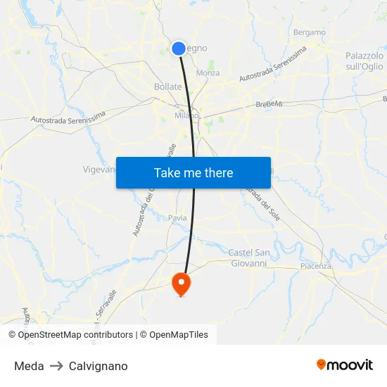 Meda to Calvignano map