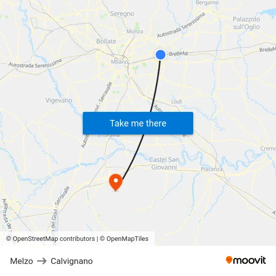 Melzo to Calvignano map