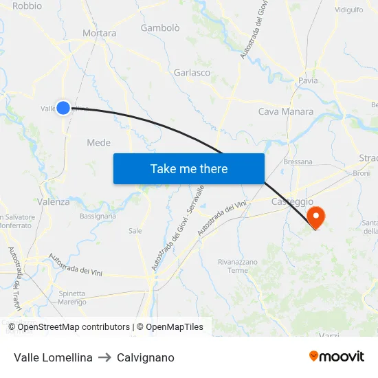 Valle Lomellina to Calvignano map