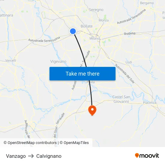 Vanzago to Calvignano map