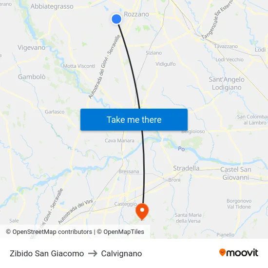 Zibido San Giacomo to Calvignano map