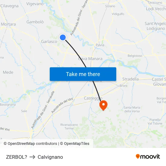 Zerbol to Calvignano map