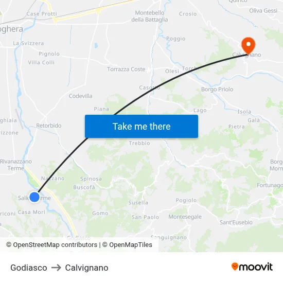 Godiasco to Calvignano map