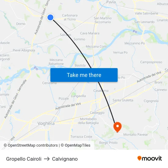 Gropello Cairoli to Calvignano map