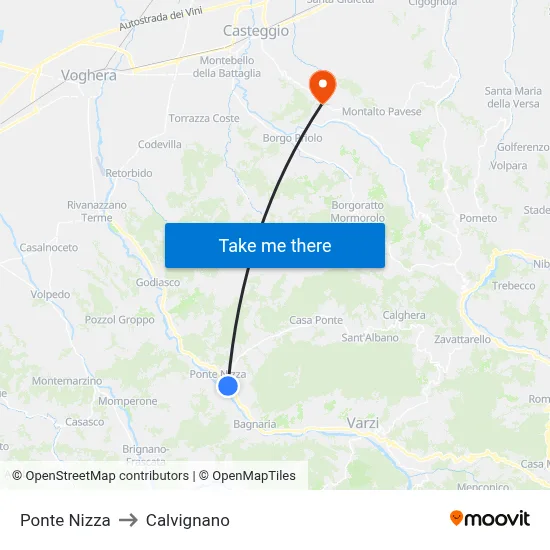 Ponte Nizza to Calvignano map