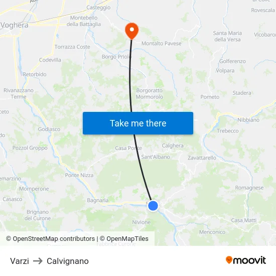 Varzi to Calvignano map
