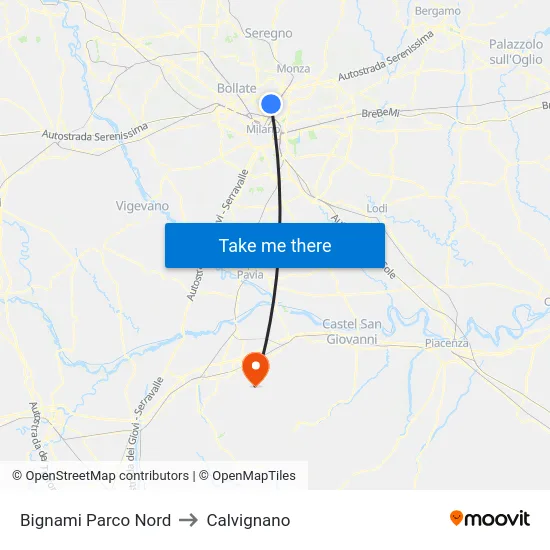 Bignami Parco Nord to Calvignano map