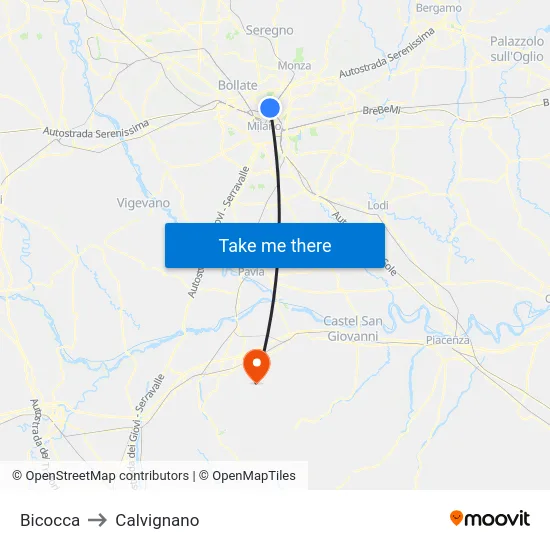 Bicocca to Calvignano map