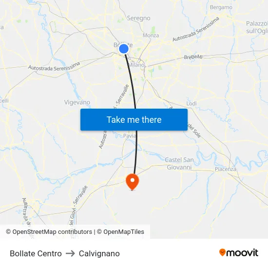 Bollate Centro to Calvignano map