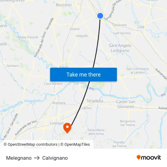 Melegnano to Calvignano map
