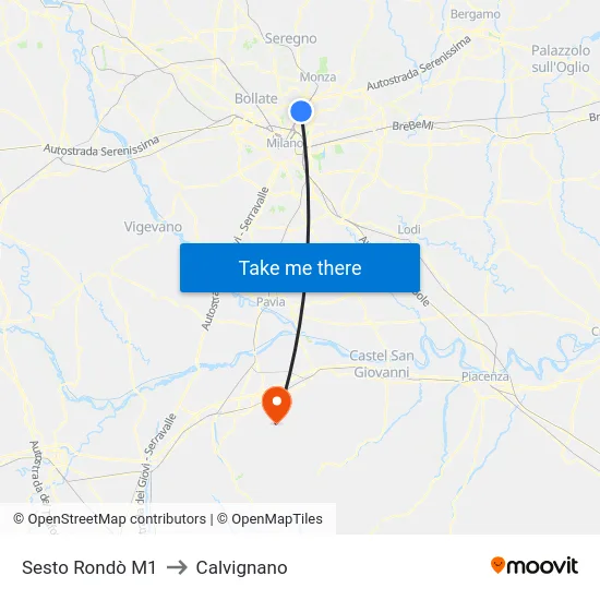Sesto Rondò M1 to Calvignano map
