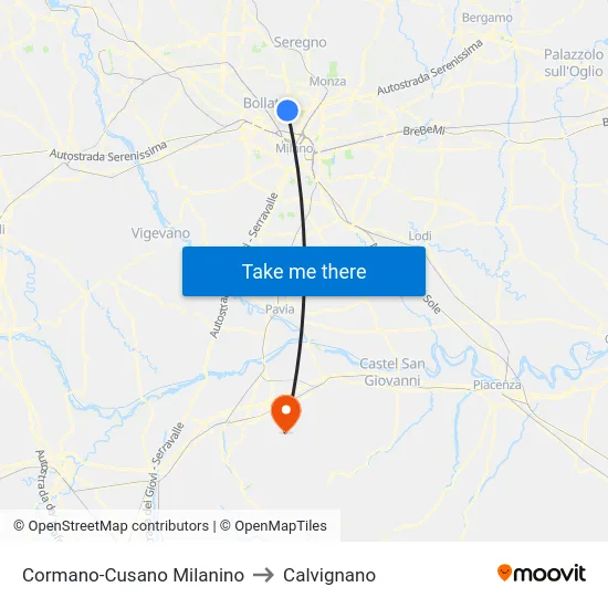 Cormano-Cusano Milanino to Calvignano map