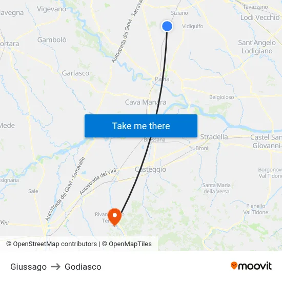 Giussago to Godiasco map