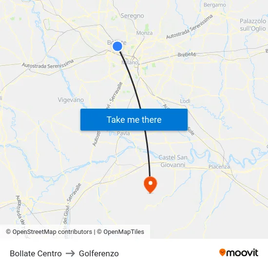 Bollate Centro to Golferenzo map