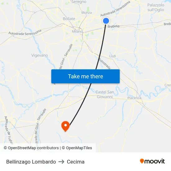 Bellinzago Lombardo to Cecima map
