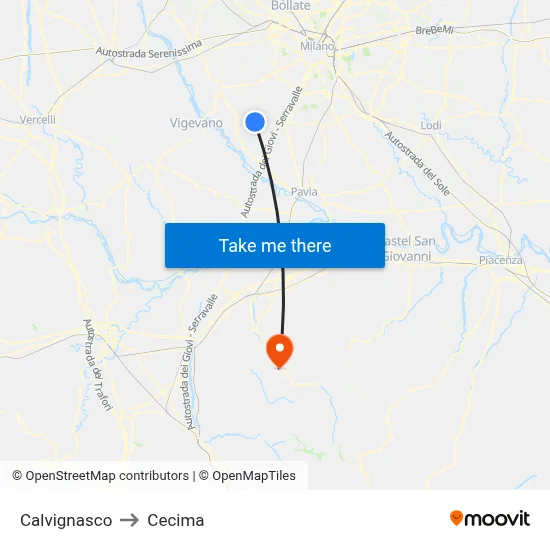 Calvignasco to Cecima map