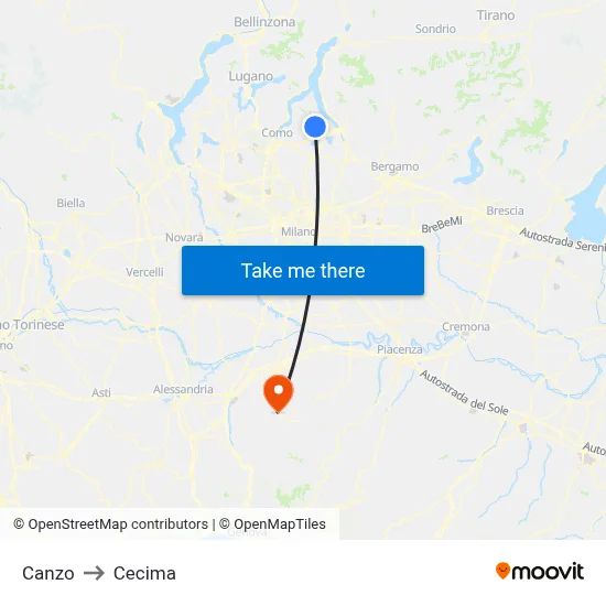 Canzo to Cecima map