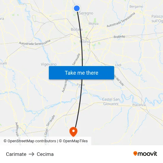 Carimate to Cecima map
