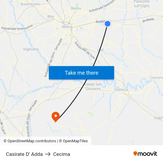 Casirate d'Adda to Cecima map