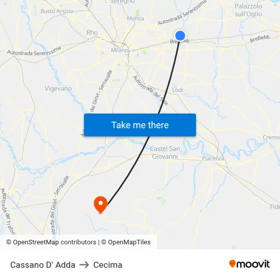 Cassano D'Adda to Cecima map