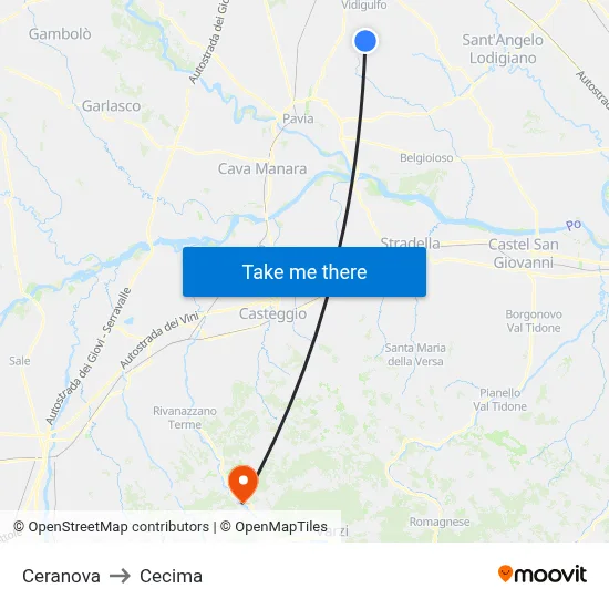 Ceranova to Cecima map