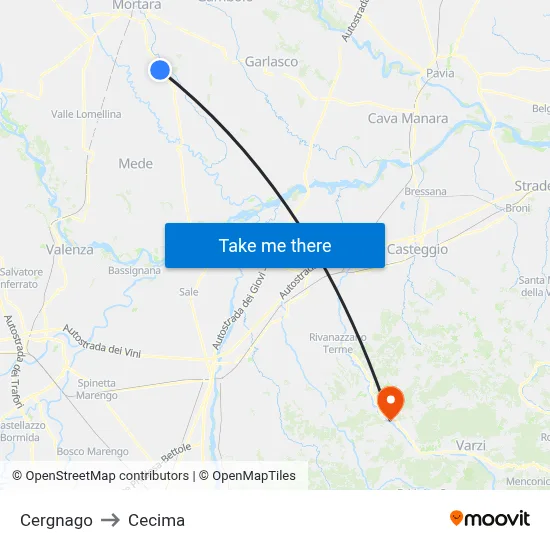Cergnago to Cecima map