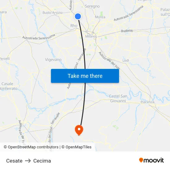 Cesate to Cecima map