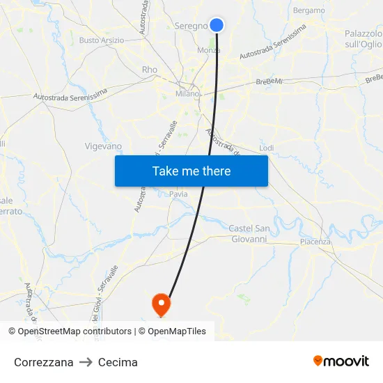 Correzzana to Cecima map