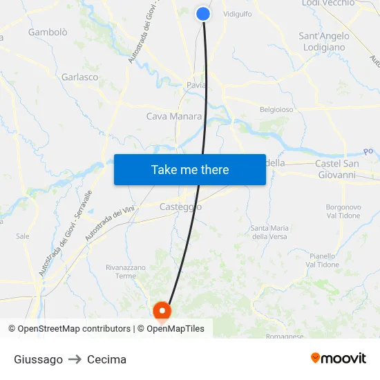 Giussago to Cecima map