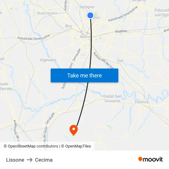 Lissone to Cecima map