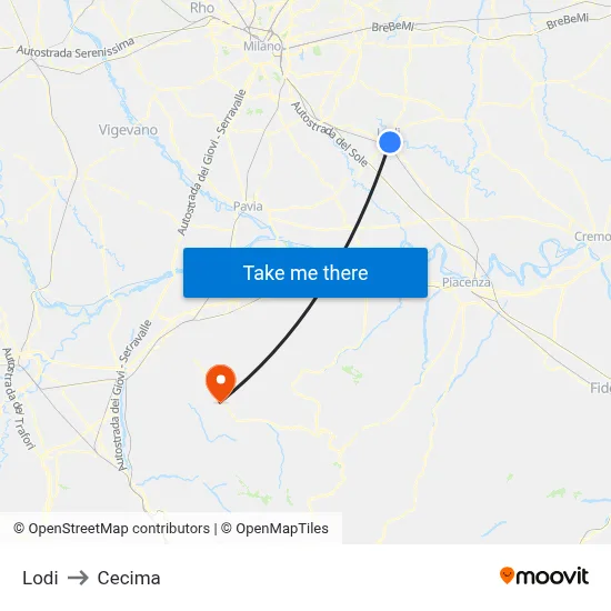 Lodi to Cecima map