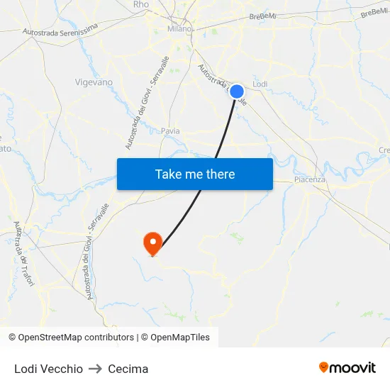 Lodi Vecchio to Cecima map
