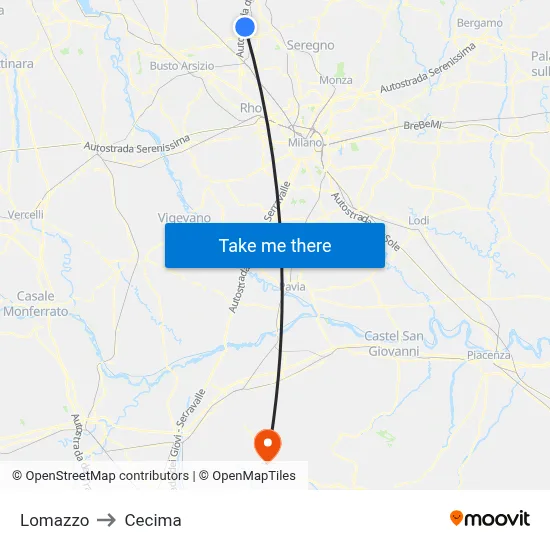 Lomazzo to Cecima map