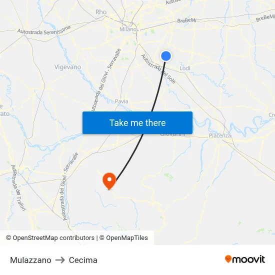 Mulazzano to Cecima map