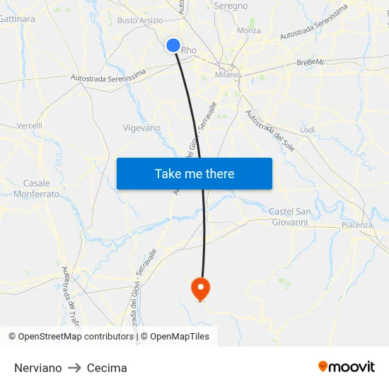 Nerviano to Cecima map